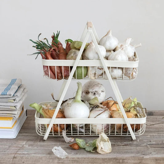 Decorative Metal 2-Tier Tray with Rattan Wrapped Handle, White