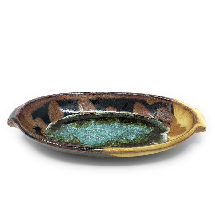 Dock 6 Pottery 9-inch Oval Dish with Fused Glass