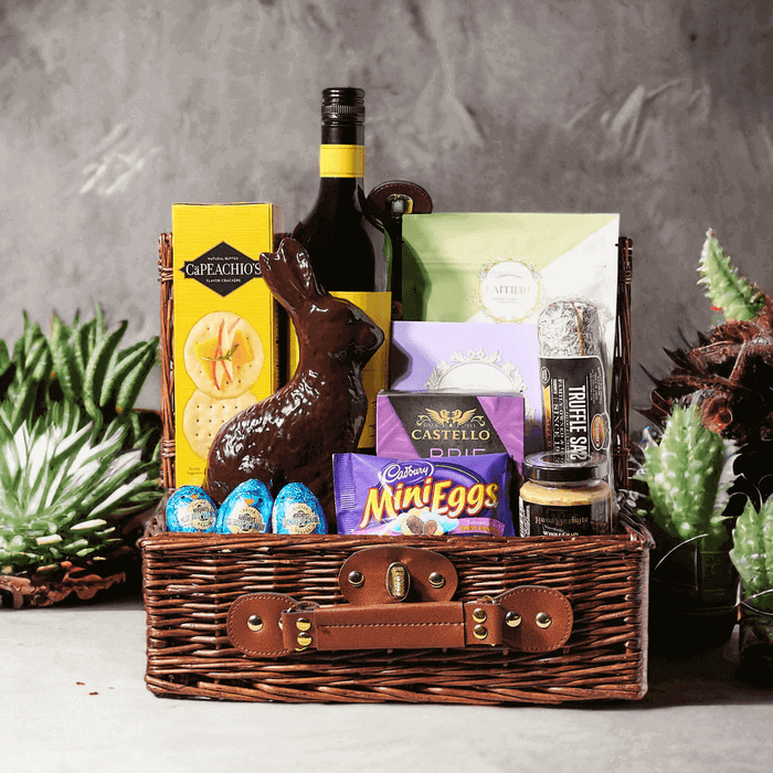 Easter Bunny Chocolate Gift Basket - It has a Wine, Chocolate, Cookies, Candy, Salami, Mustard, Cheese and Crackers