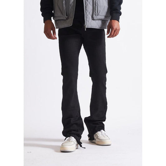 Embellish Brent Black Flare Jeans with distressed details and frayed hem