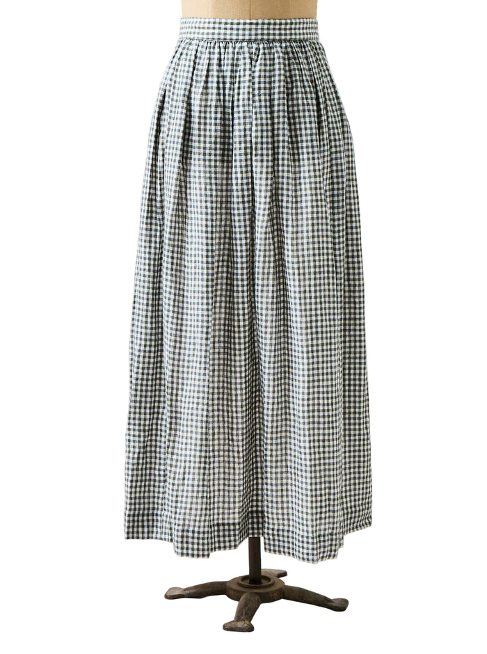 Farmhouse Gingham Homestead Apron — Robin's Egg apron on a dress form; Farmhouse Pottery