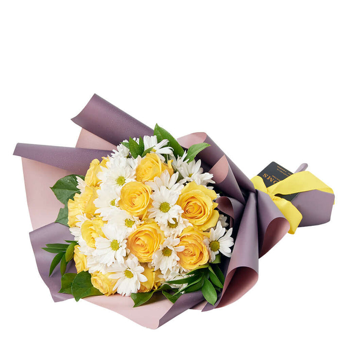 Floral Fantasy Daisy Bouquet. Elegant roses and cheerful daisies, gathered in a floral wrap and tied with a designer ribbon. Mixed Floral Gifts from Monthly Sommelier USA - Same Day USA Delivery.