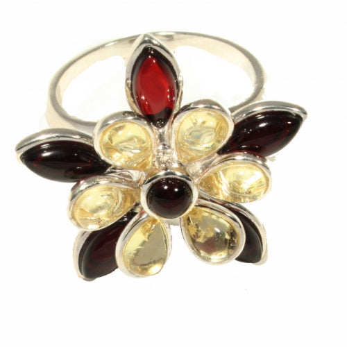 Flower Shaped Cognac Lemon Amber & Sterling Silver Ring