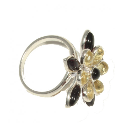 Flower Shaped Cognac Lemon Amber & Sterling Silver Ring