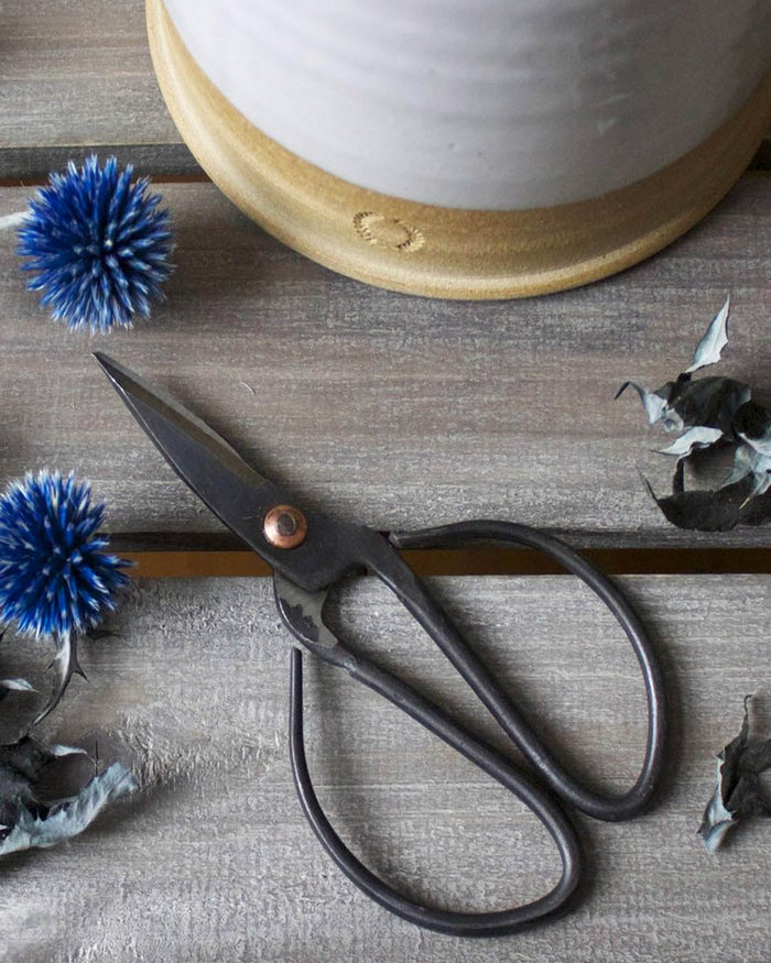 Forged Steel Scissors — scissors beside cut flowers and a stoneware crock; Farmhouse Pottery