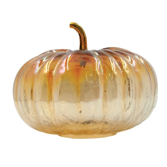 Glass Pumpkin with Brass Stem, Iridescent Finish