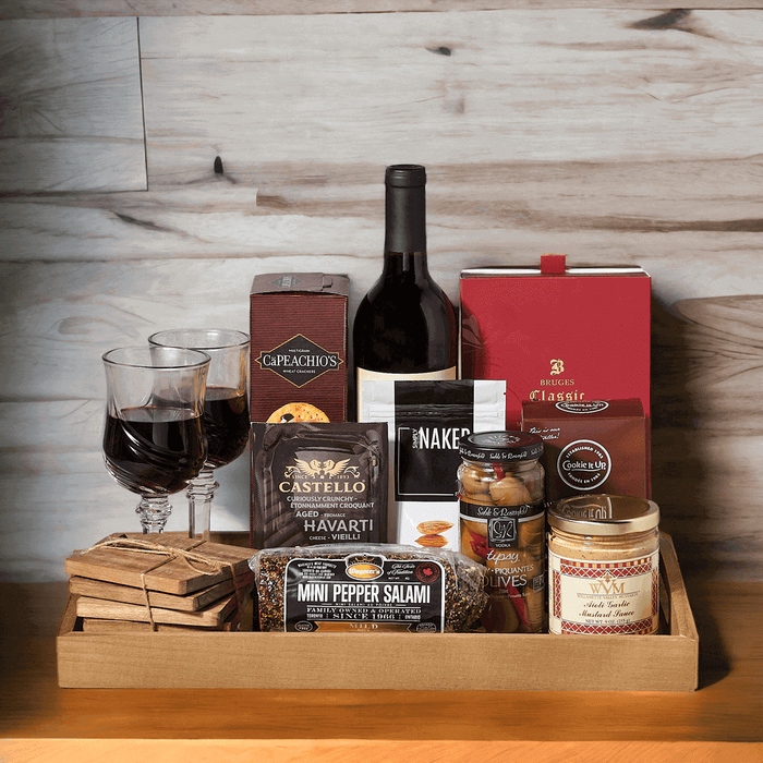 Gourmet Wine Tray For Two features (2) Fontana Wine Glass, Wine, Truffles, Nuts, Olives, Crackers, Cheese, Sauce, Salami, Tray, Coasters & Cookies.