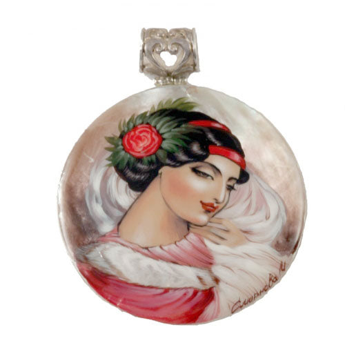 Hand Painted Mother Of Pearl Silver Pendant the Spanish