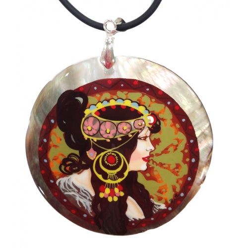 Hand Painted Pendant Inspired by The Brunette Mucha