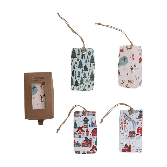 Handmade Gift Tags with North Pole Patterns, Boxed Set of 12