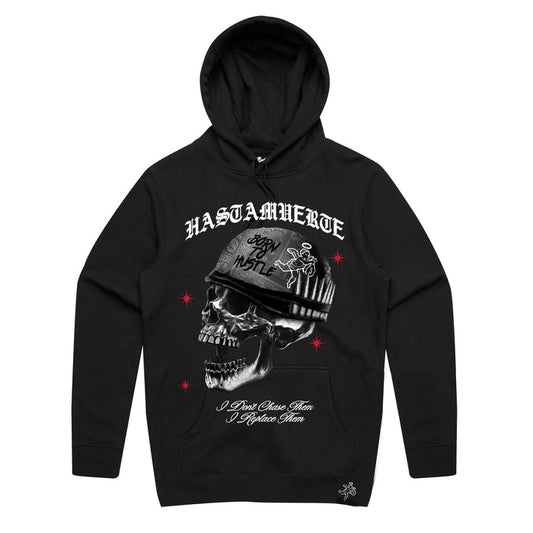 Black heavyweight hoodie with 'War' design from Hasta Muerte, perfect for casual wear or workouts