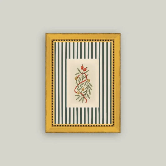 Holly Bells On Stripes Framed Antique Art