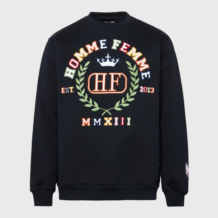 Black crewneck sweatshirt with 'Homme + Femme' embroidered 10 year crest design
