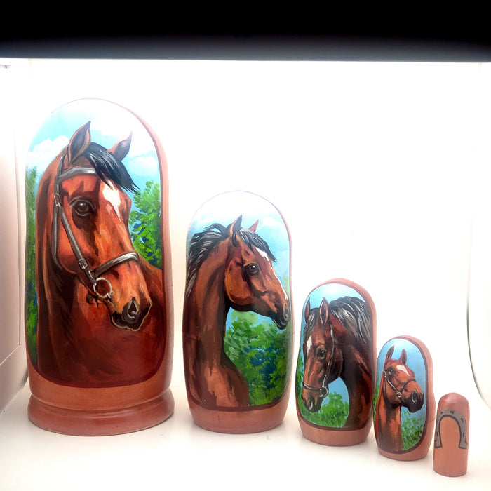 Five different images  of horses
