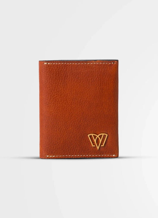 Brown leather wallet with a gold logo on a light gray background