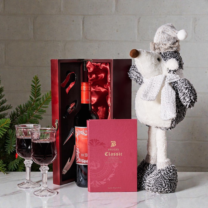 Jolly Winter Wine & Chocolate Treats, Christmas Gift Baskets, Wine Gift Baskets, Gourmet Gift Baskets, Xmas Gifts, Plushy, Chocolate, Wine, USA Delivery