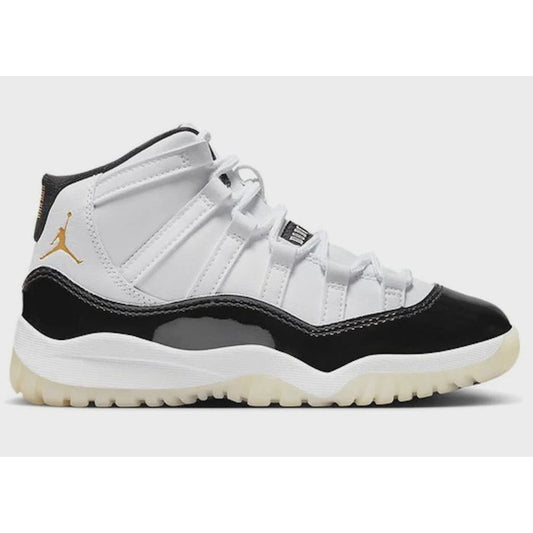 High-top black and white Jordan 11 Retro sneakers with red detailing, the DMP Gratitude (PS) edition, style number 378039-170, perfect for young kids