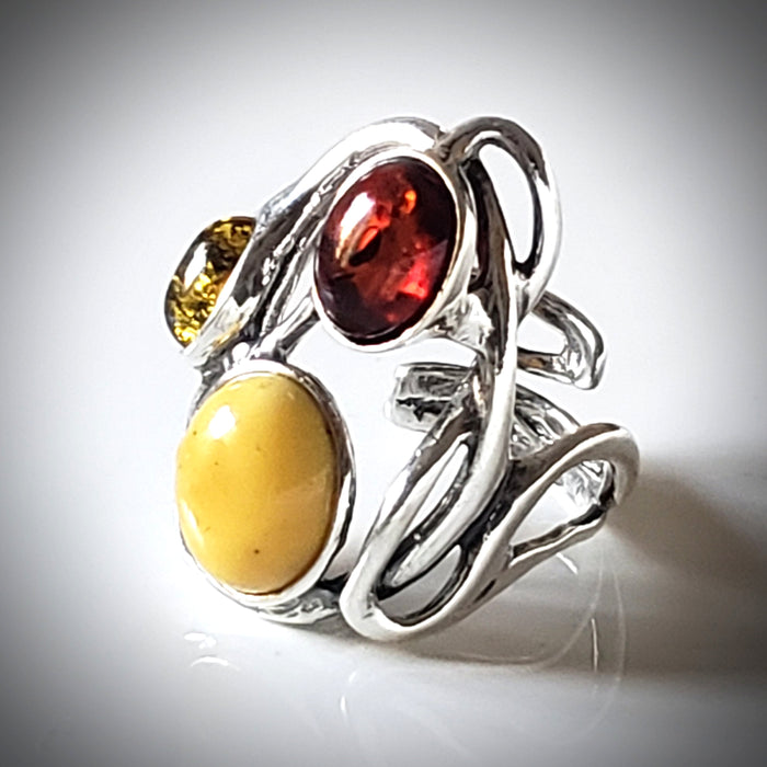 Large Silver Ring with 3 color of Natural Amber BuyRussianGifts Store