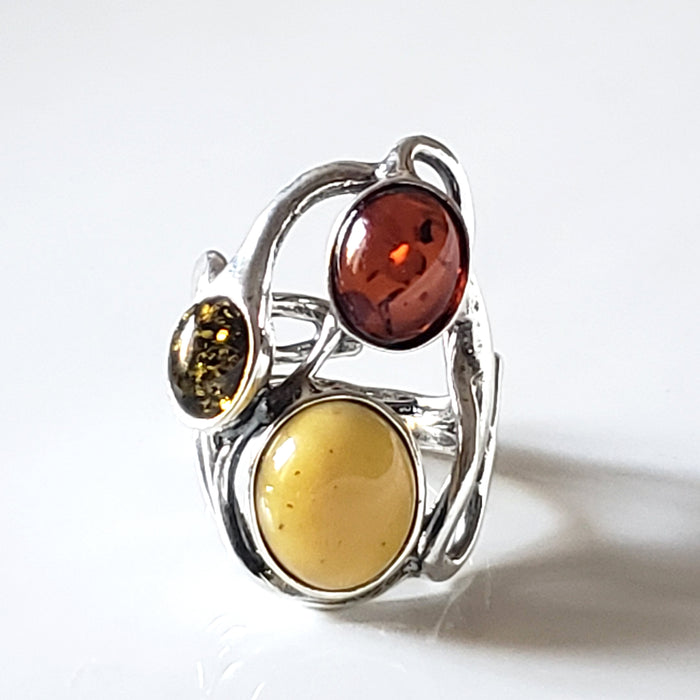 Large Silver Ring with 3 color of Natural Amber BuyRussianGifts Store