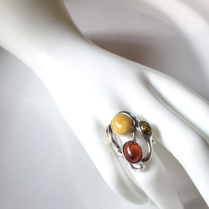 Large Silver Ring with 3 color of Natural Amber BuyRussianGifts Store