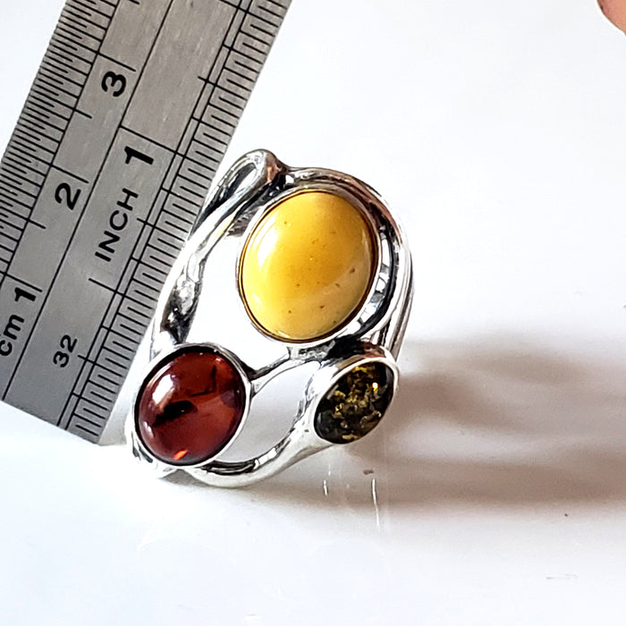 Large Silver Ring with 3 color of Natural Amber BuyRussianGifts Store