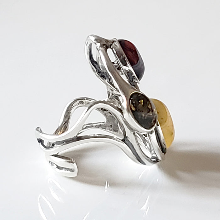 Large Silver Ring with 3 color of Natural Amber BuyRussianGifts Store