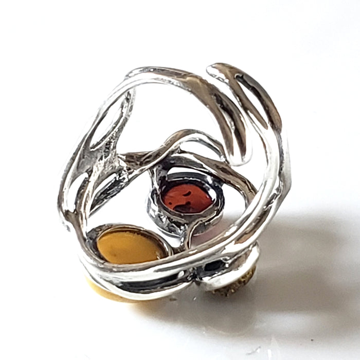 Large Silver Ring with 3 color of Natural Amber BuyRussianGifts Store