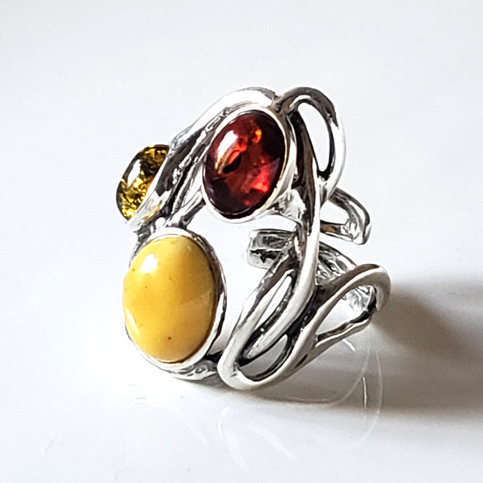 Large Silver Ring with 3 color of Natural Amber BuyRussianGifts Store
