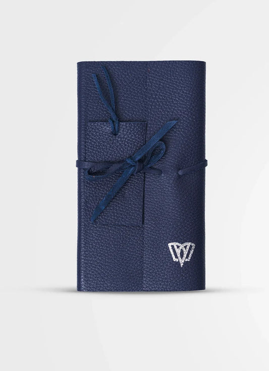 Blue leather wallet with a brand logo on a light gray background