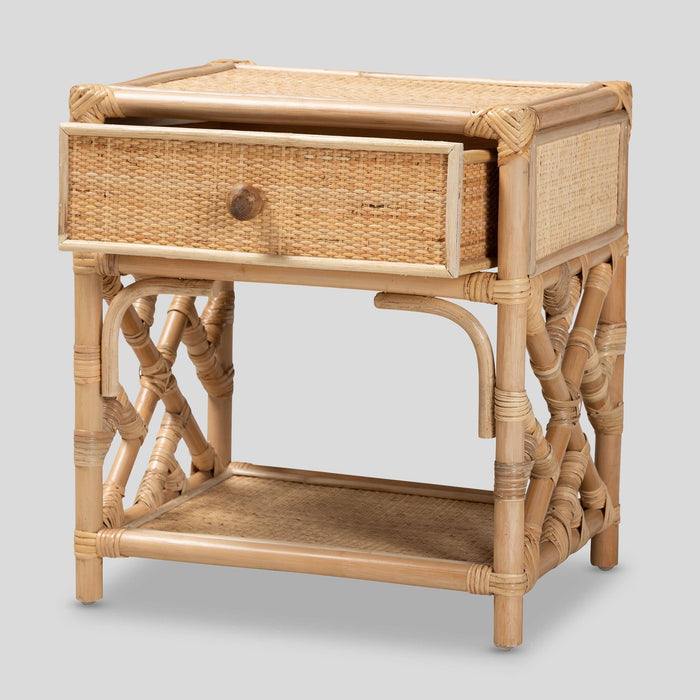 Luella Rattan 1-Drawer Nightstand by bali & pari — with storage open