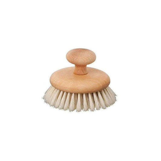 Wooden massage brush with knob handle and light-colored bristles on white background