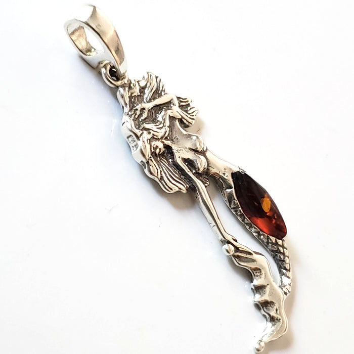 silver amber mermaid pendant