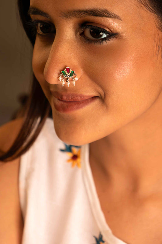 Moh Kundan Pearl Drop Rajwada Non Pierced Nose Clip on