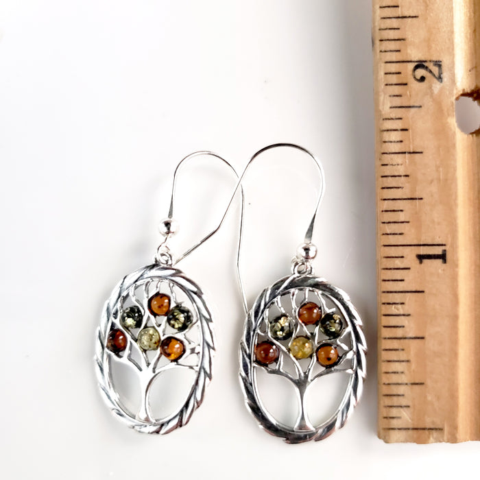 long silver earrings Tree of Life