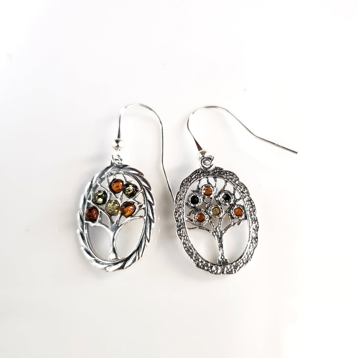 amber with silver oval tree earrings
