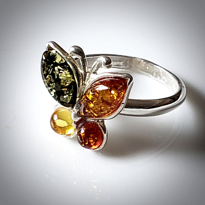 sterling silver butterfly ring with 4 colors natural amber wings