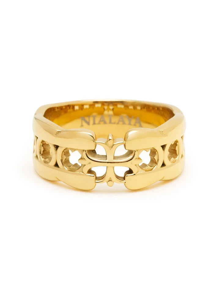 Nialaya Men's Cross Band Ring with Gold Plating