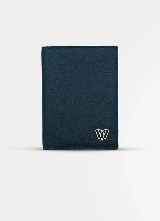 Navy blue wallet with a logo on a white background