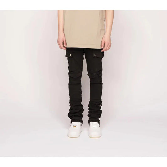 PHEELINGS My Pleasure Jet Black Flare Stack Denim jeans with distressed design and high-waisted fit