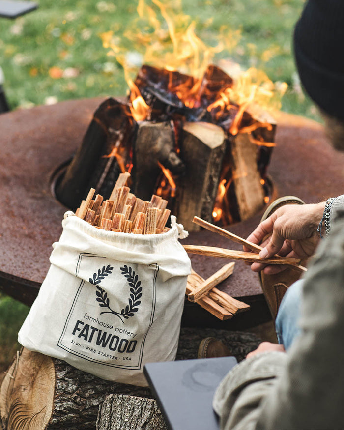 Pine Fatwood Fire Starter — using fatwood near an outdoor fire; Farmhouse Pottery