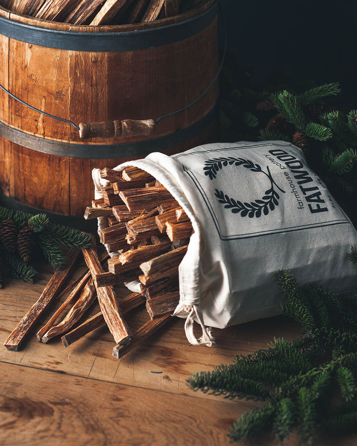 Pine Fatwood Fire Starter — fatwood sticks spilling from the bag; Farmhouse Pottery