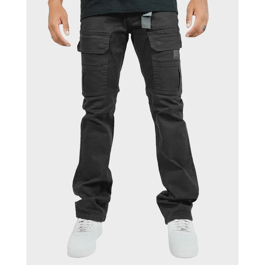 Preme Olympus Black Twill Stacked Flare Denim front view with distressed details and faded finish