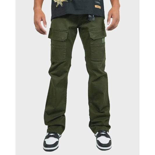 Preme Olympus Olive Twill Stacked Flare Denim front view on model