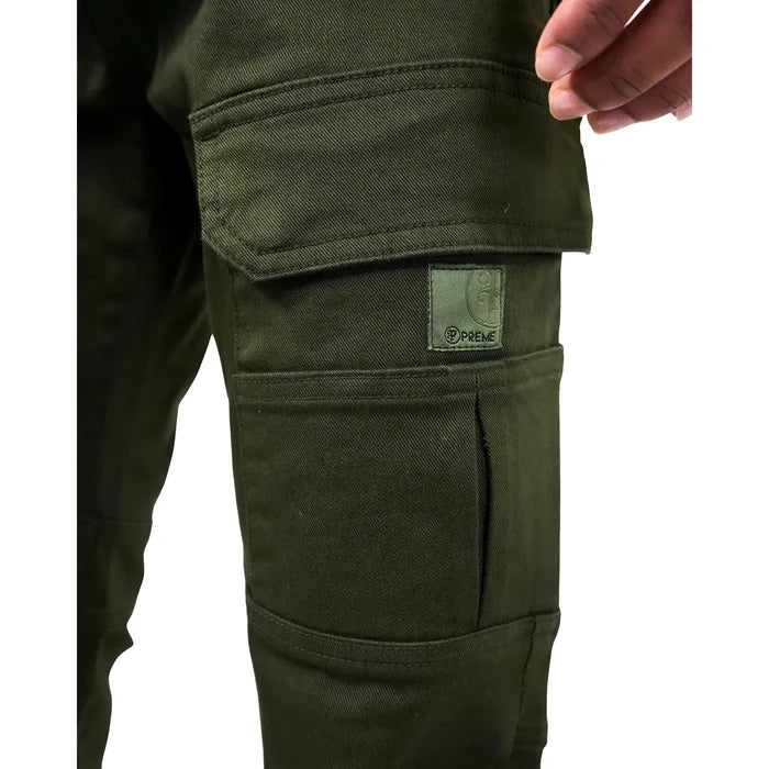 Preme Olympus Olive Twill Stacked Flare Denim with stylish pockets and belt loops