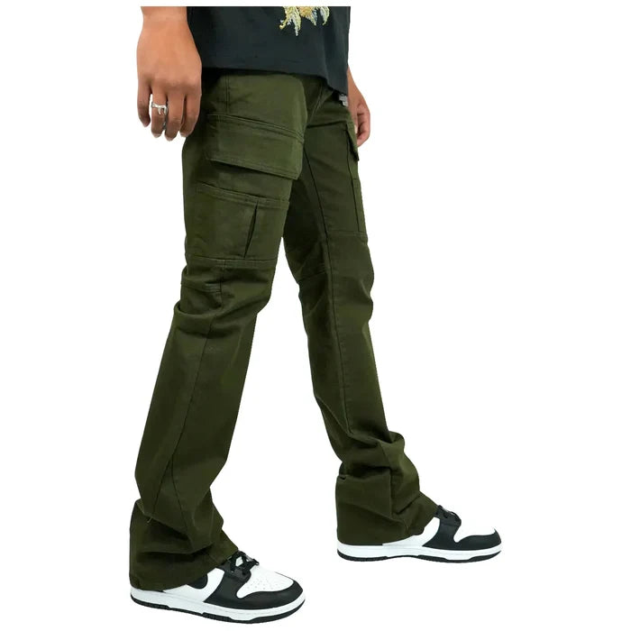 Close up of Preme Olympus Olive Twill Stacked Flare Denim fabric texture and stitching details