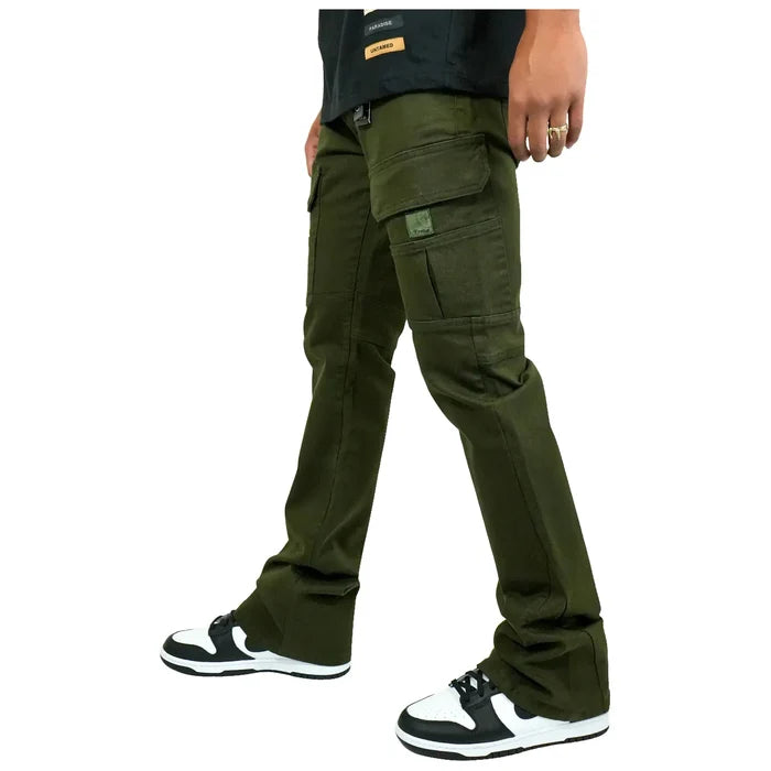 Preme Olympus Olive Twill Stacked Flare Denim back view on model