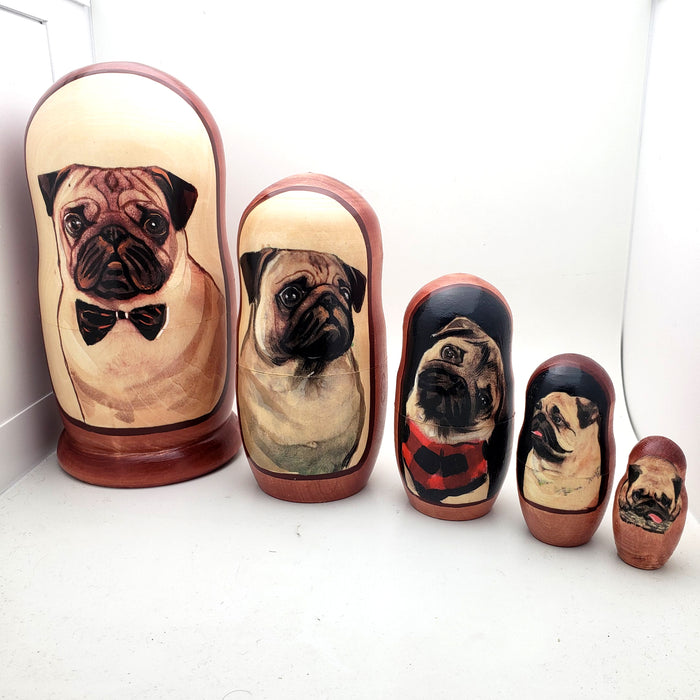 5 images of pug poppy in stacking doll