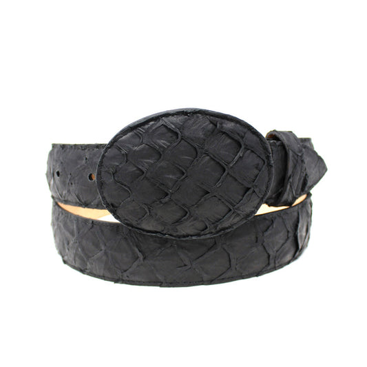 Black woven belt with a round buckle on a white background