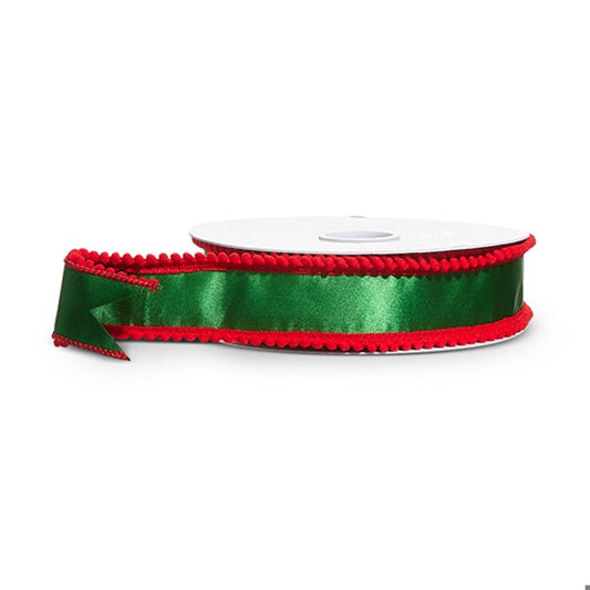1.5" X 10 Yds Green Satin with Red Pom Pom Edge Wired Ribbon