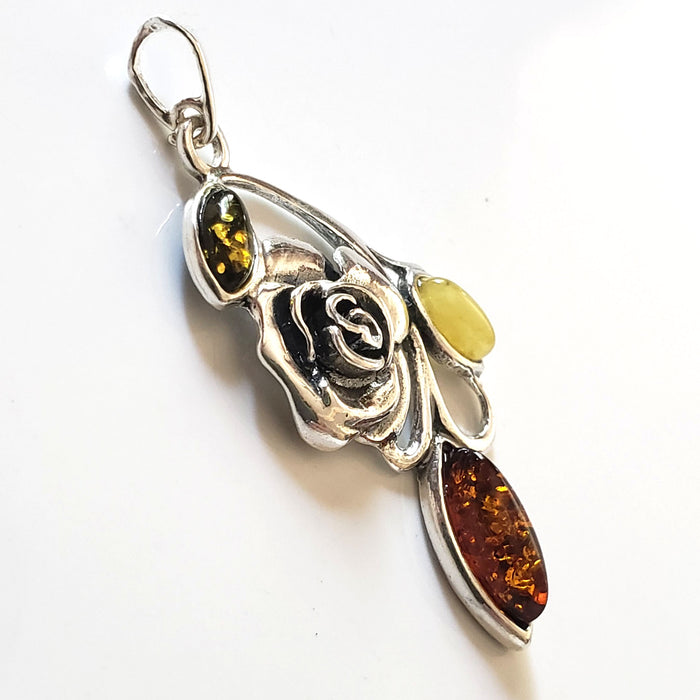 silver amber rose pendant